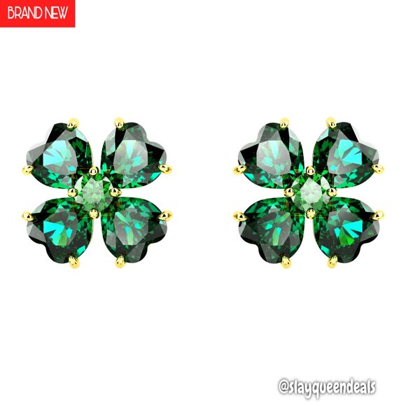 Gold-Tone Crystal Stud Earrings Clover Motif 0.47 Inch